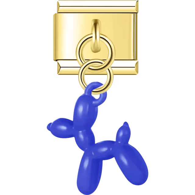 Gold Italian charm dangle with a medium blue balloon dog figurine hanging from two gold rings.